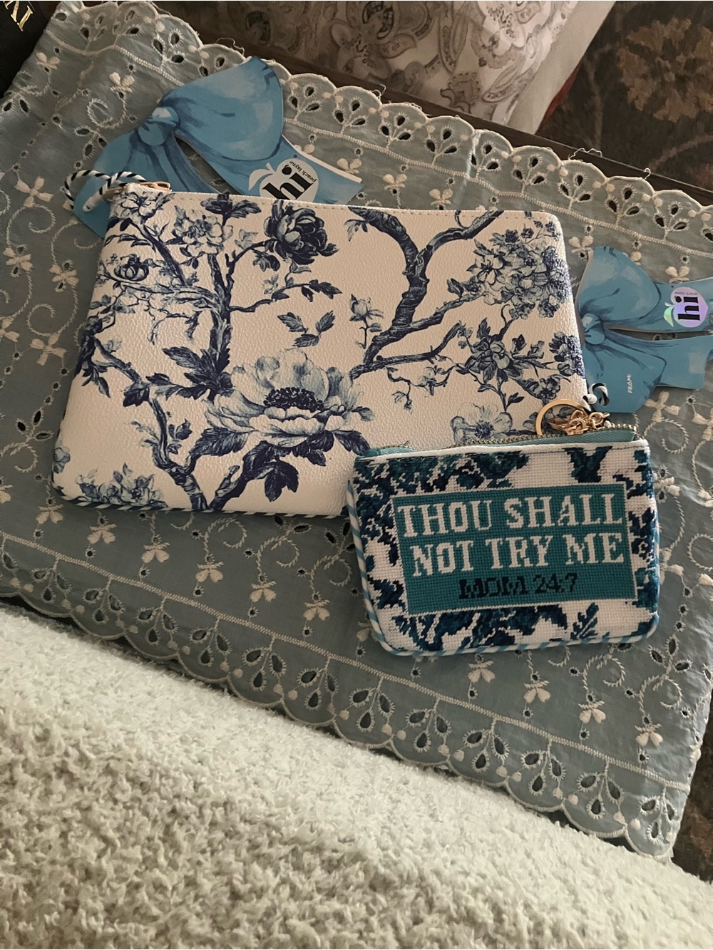 Floral Blue & White Zip Pouch with Teal 'Thou Shall Not Try Me' Coin Case